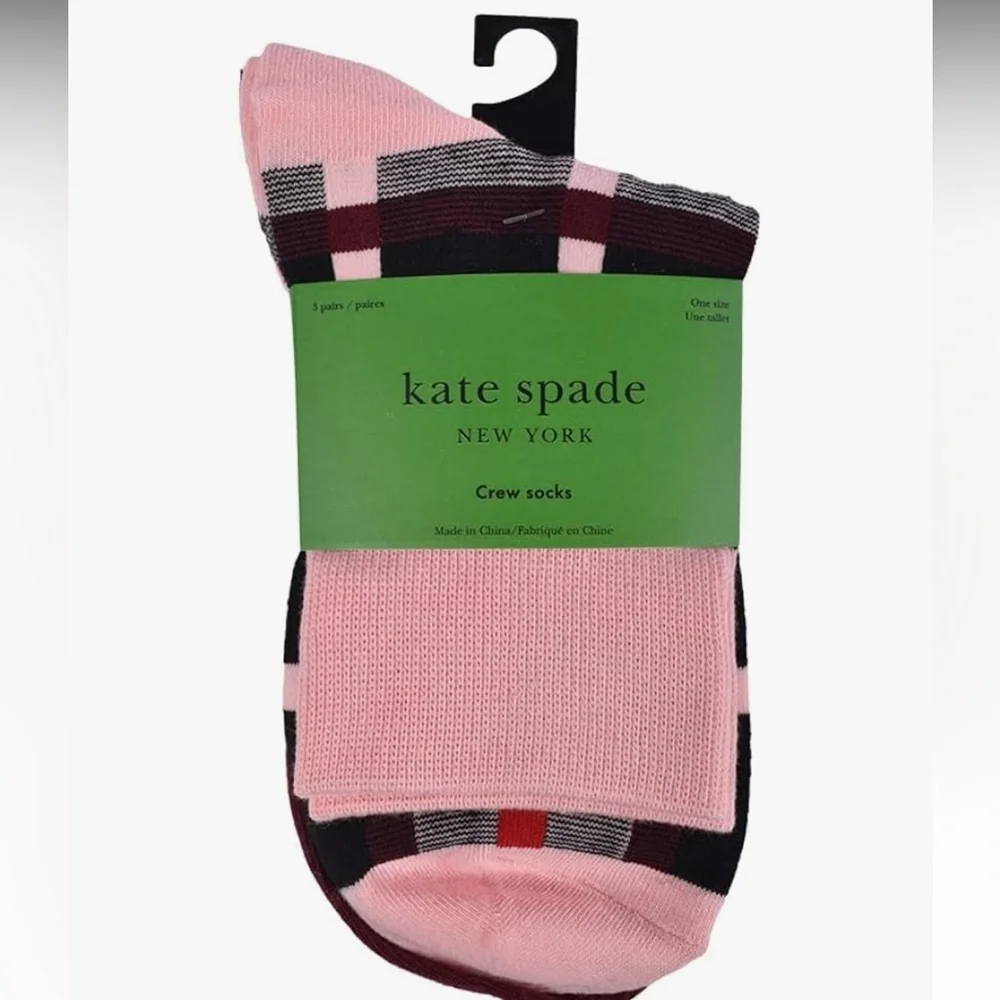 🆕 3 pairs Kate Spade Pink and Black Plaid Crew Socks